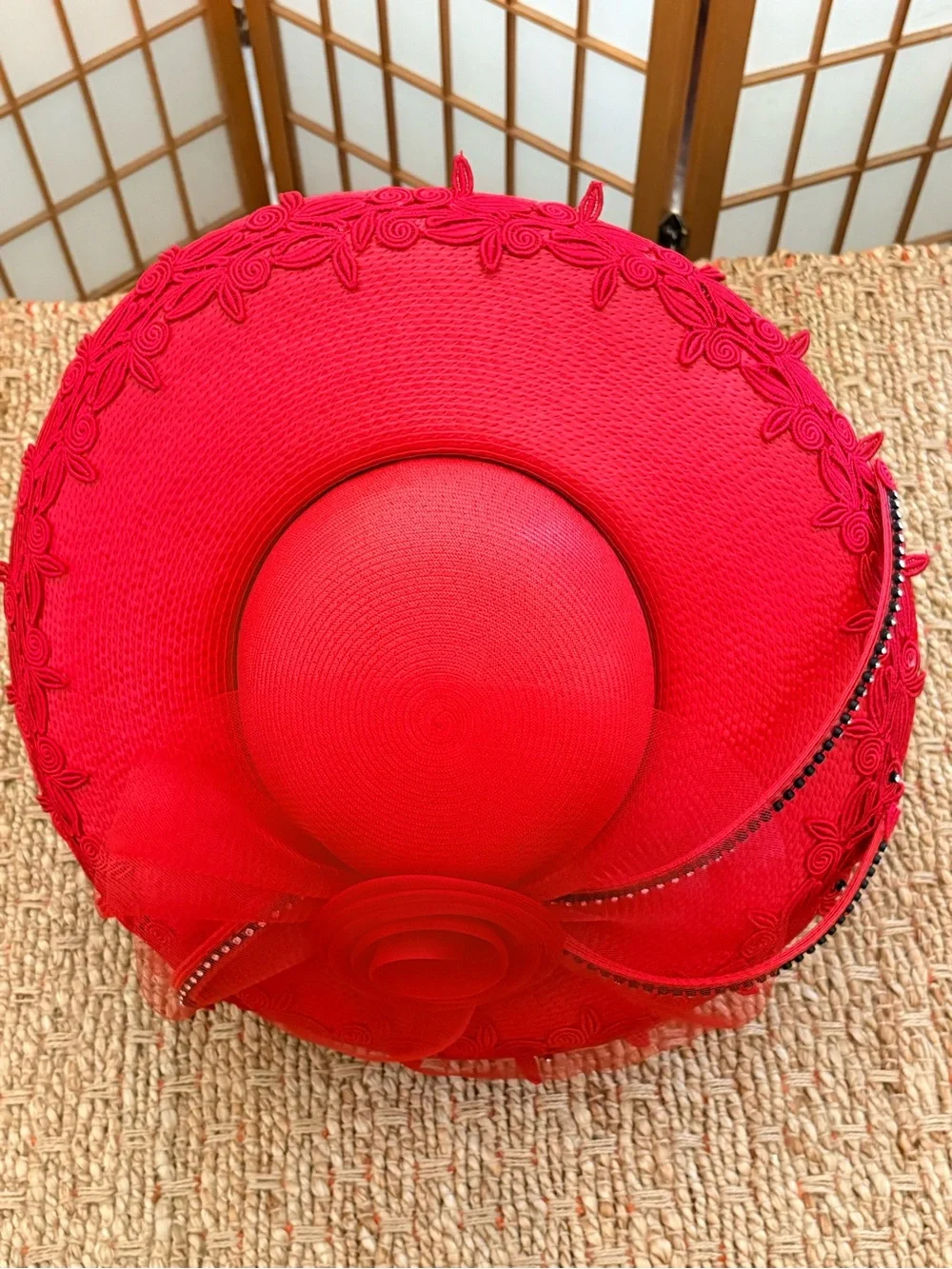 Wide-Brim Decorative Red Women's Hat with Braided Trim & Tulle Flower